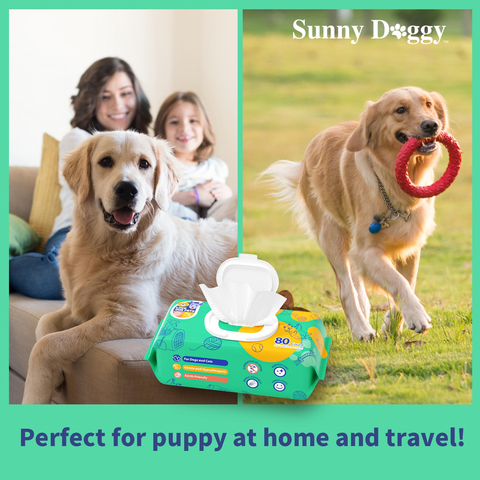 Sunny Doggy Pet Wipes face-eyes-cleaning closeup for gentle eye-area refresh.