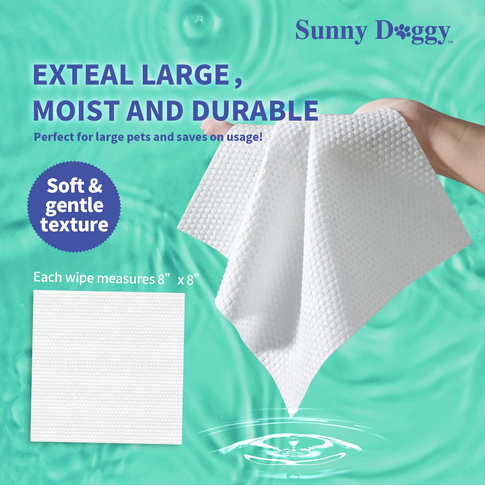 Sunny Doggy Pet Wipes flip-top-container aids easy access and keeps wipes moist between uses.