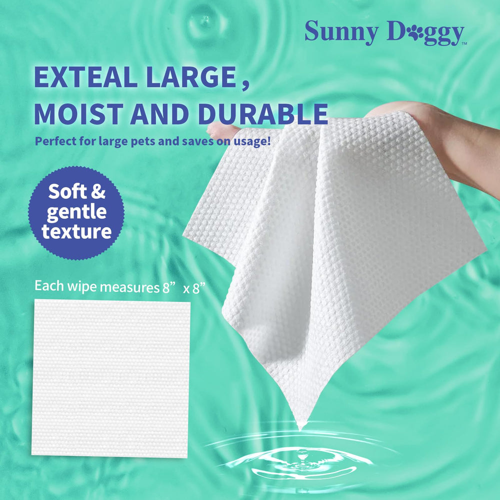Sunny Doggy Pet Wipes flip-top-container aids easy access and keeps wipes moist between uses.