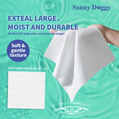 Sunny Doggy Pet Wipes flip-top-container aids easy access and keeps wipes moist between uses.