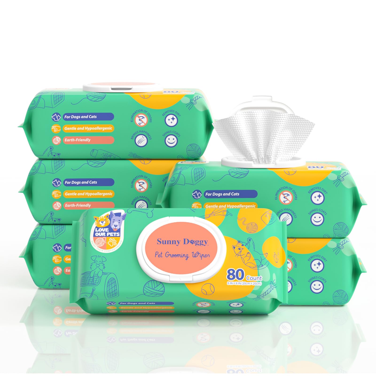 Sunny Doggy Pet Wipes odor-removal-demo shows deodorizing fur and skin between baths.