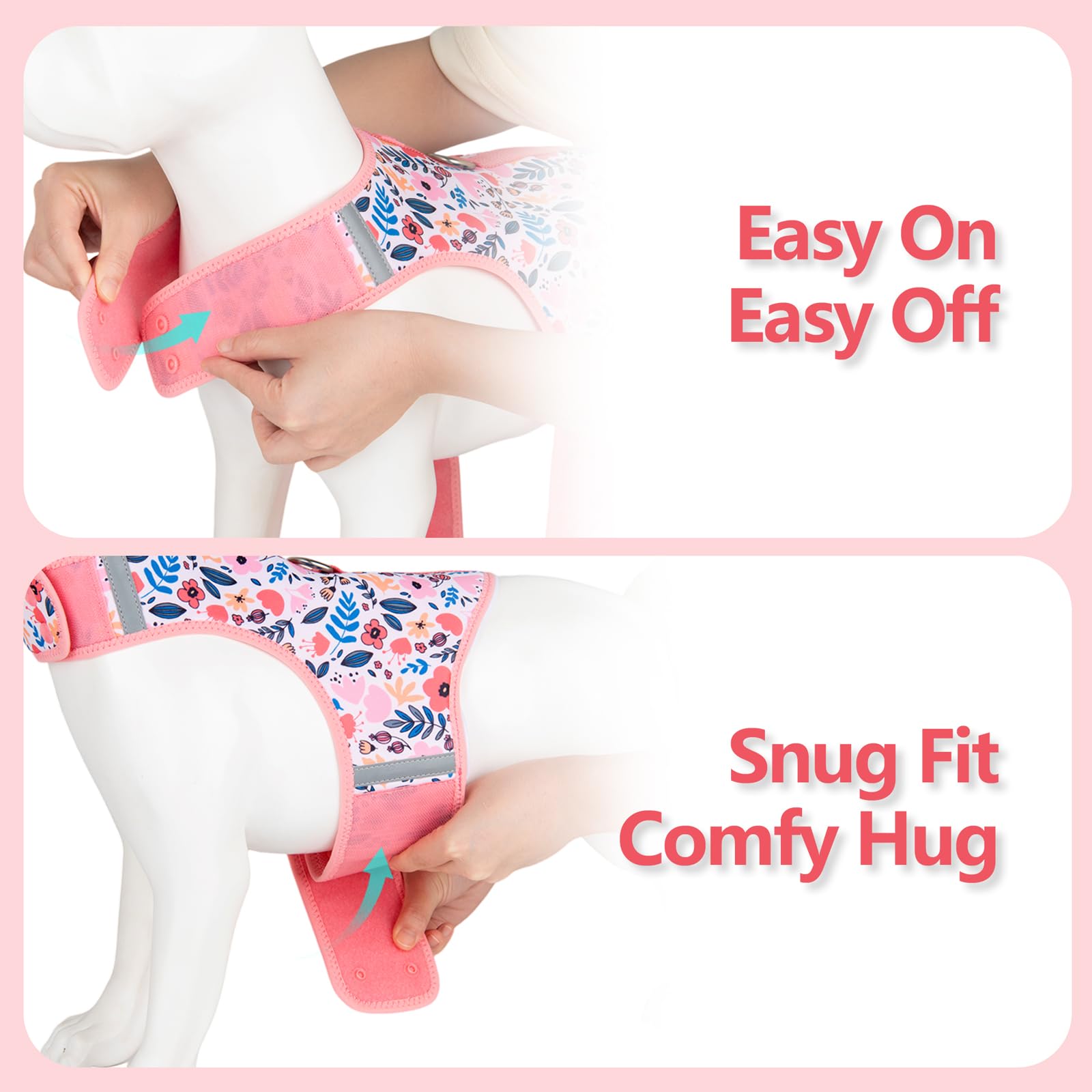 Sunraymascota reflective-d-ring on pink floral harness for visibility