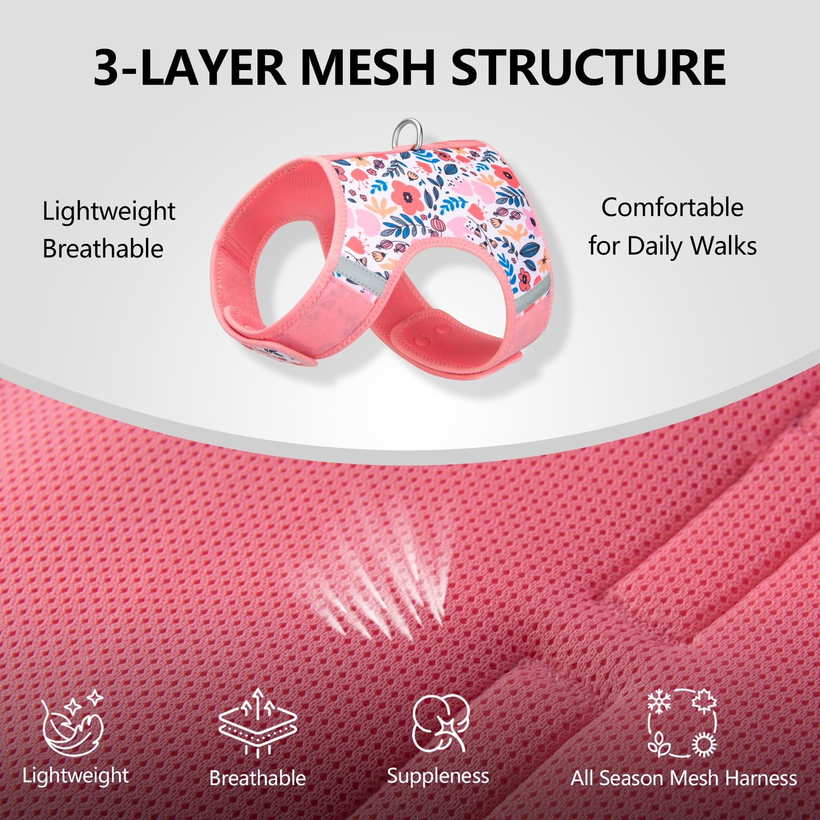 Sunraymascota reinforced seams on durable pink floral harness