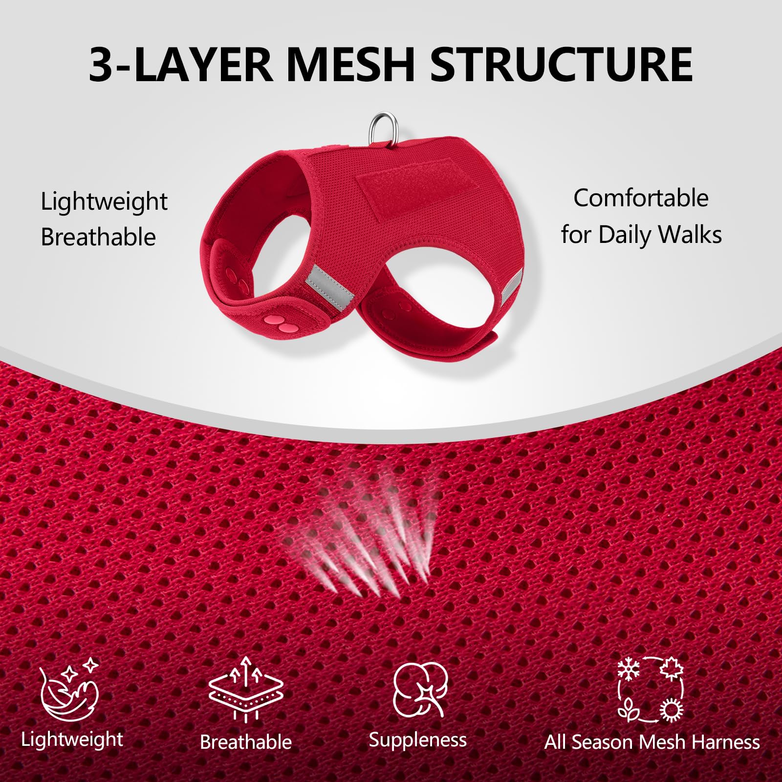 Sunraymascota harness with sturdy metal D-ring for secure leash attachment.