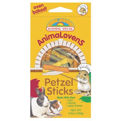 Sunseed Animalovens pretzel sticks box—crunchy dental care and garden flavors for small pets.