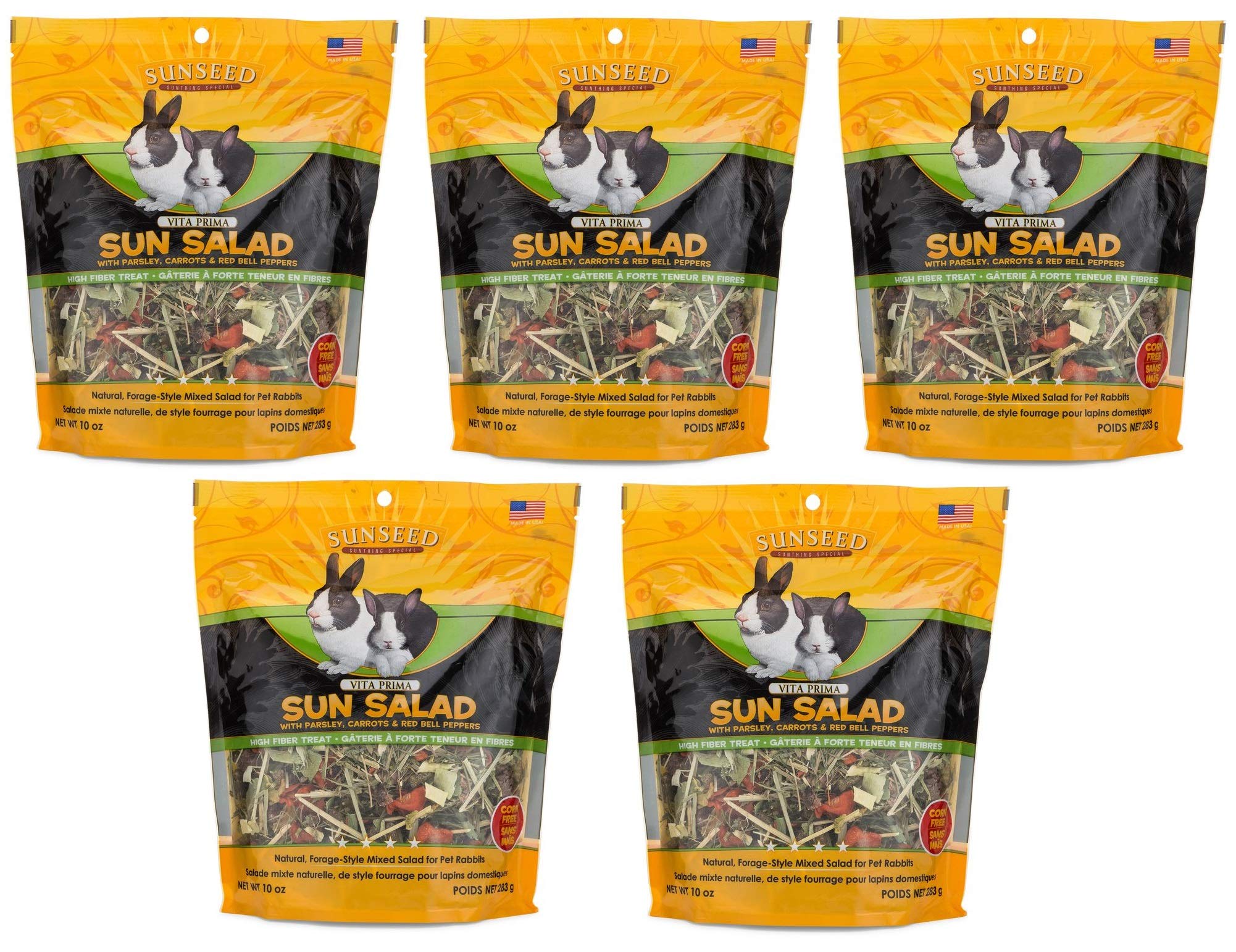 Sunseed Sun Salad for Rabbits packaging shows garden veggie blend for a tasty treat