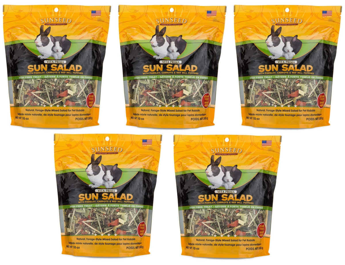 Sunseed Sun Salad for Rabbits packaging shows garden veggie blend for a tasty treat