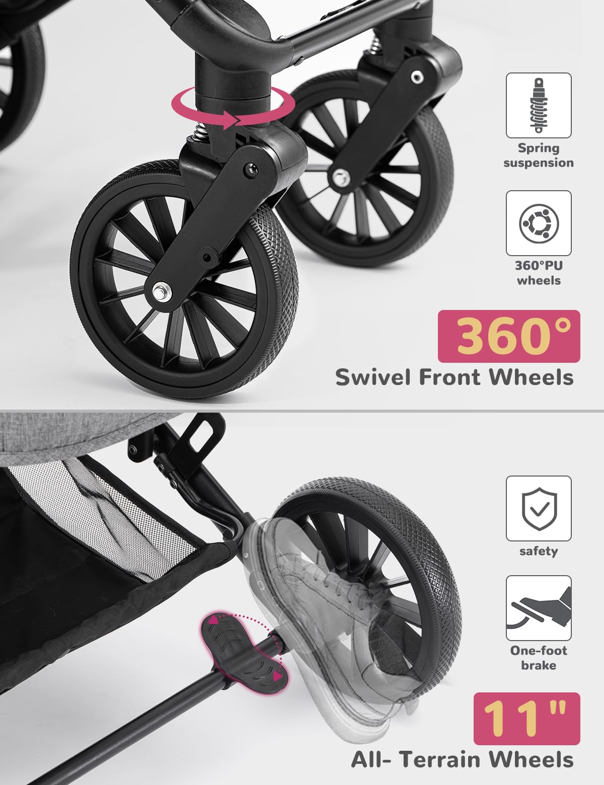 SUNTHX dog stroller all-terrain wheels enable smooth rides on varied surfaces.
