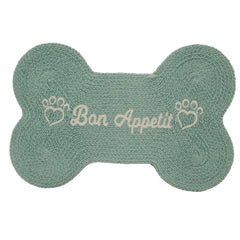 Super Area Rugs bon appétit bone-shaped feeding mat in Sterling Blue keeps bowls contained and stylish