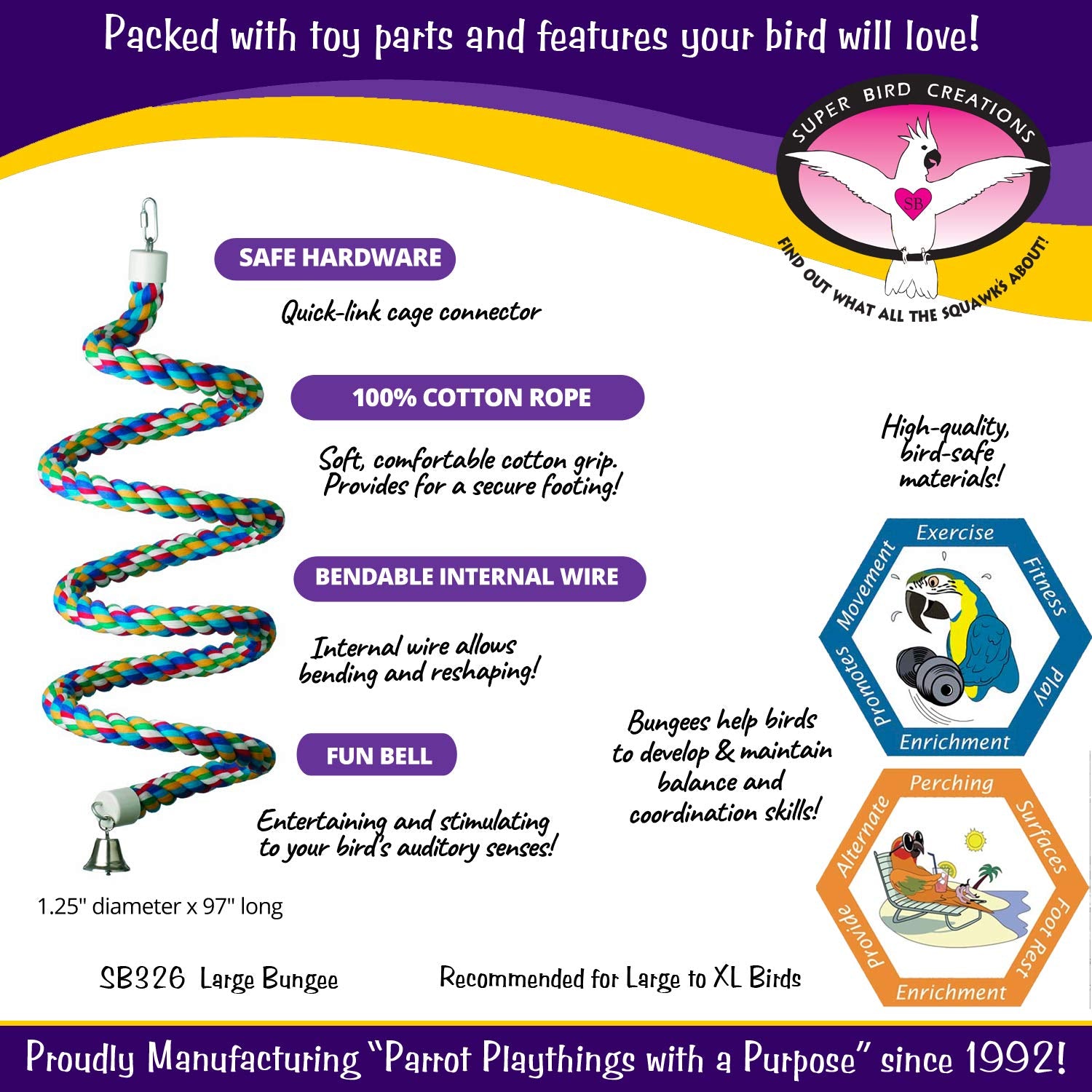 Super Bird Creations SB326 bungee toy closeup rope highlights durable, bird-safe materials for lasting use.