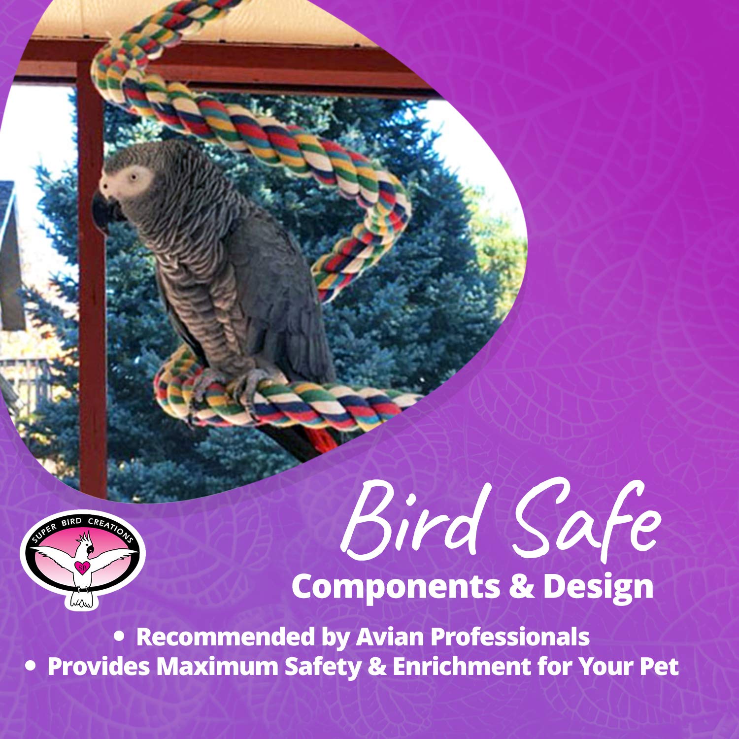Super Bird Creations SB326 bungee toy safe components reassure pet owners on safety.