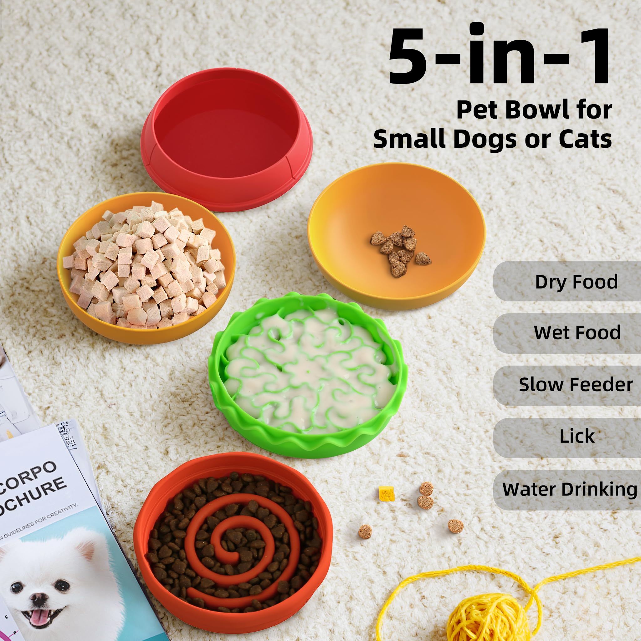 Super Design hamburger dog bowl stackable side view for compact travel-ready setup.