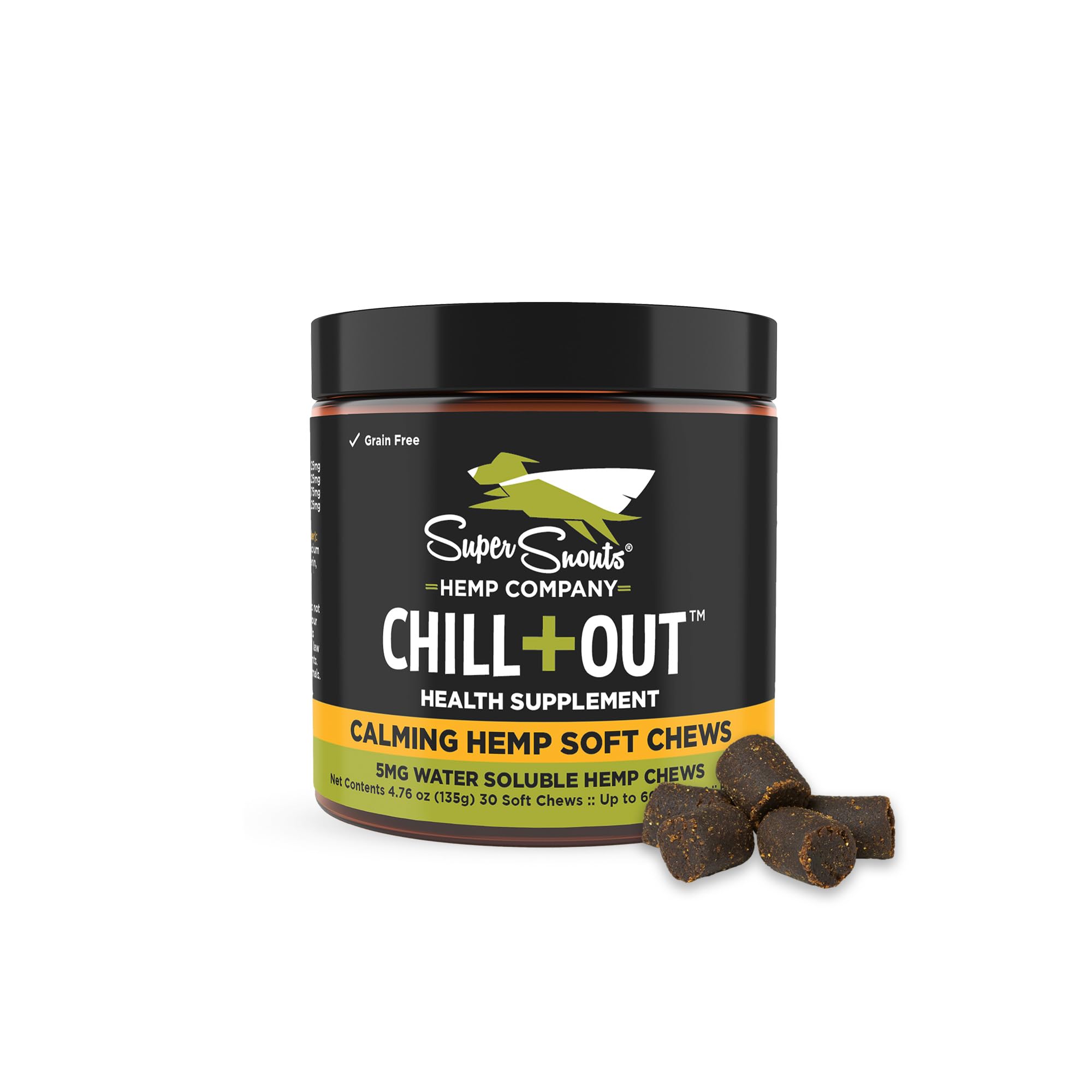 Super Snouts Chill Out bottle with soft chews for pet calming support.