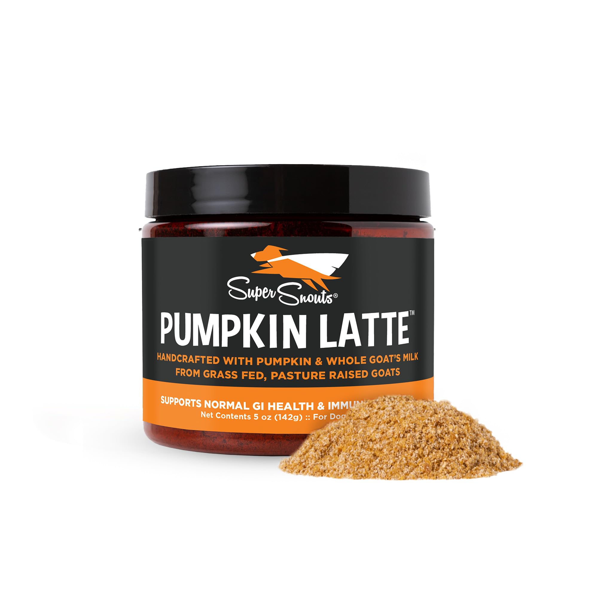 Super Snouts Pumpkin Latte bottle showing daily gut-support for pets.