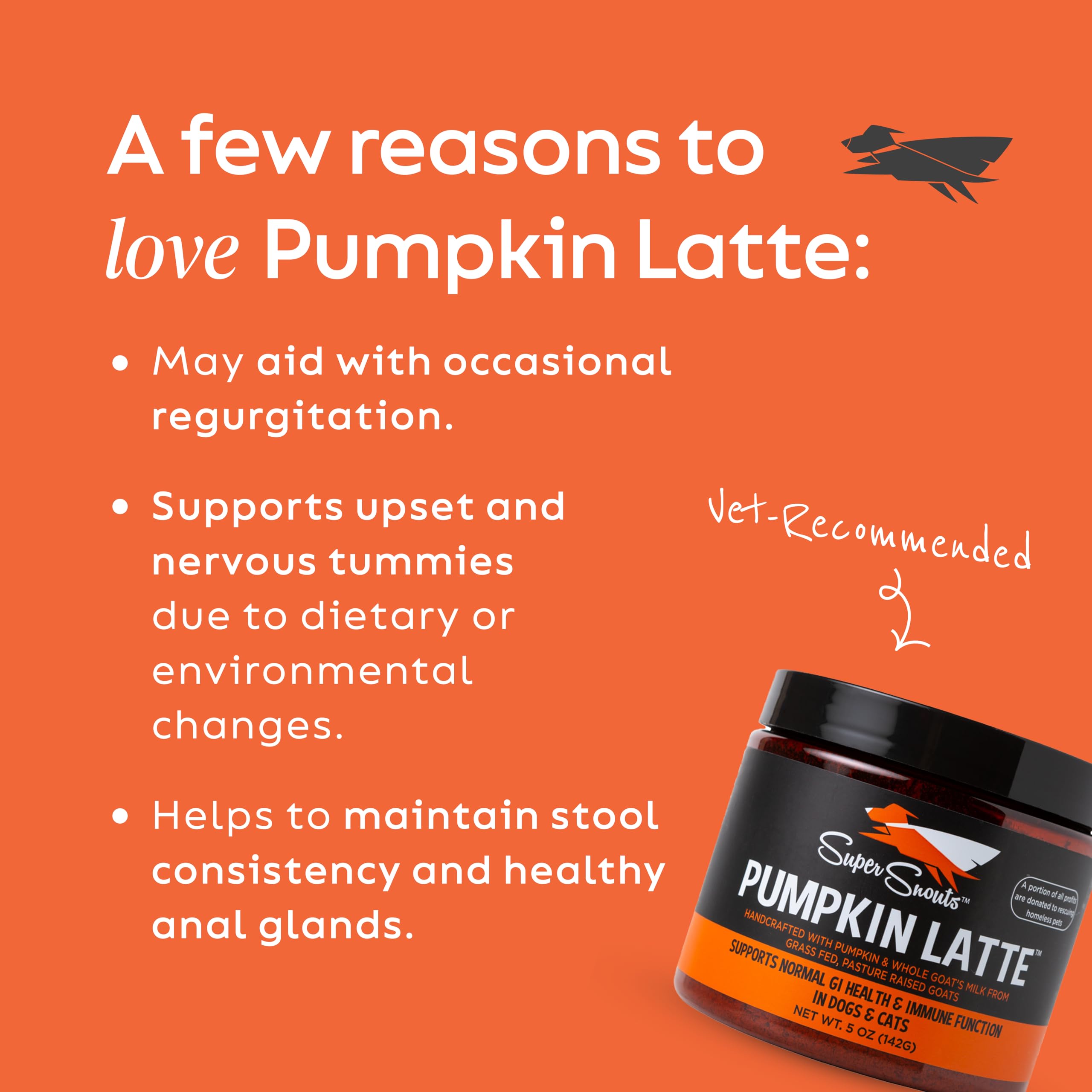 Super Snouts Pumpkin Latte packaging shot highlighting antibiotic-free USA-made formula.