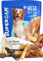 Super Can Bullysticks Mega Mix bag of dog treats offers variety and long-lasting chew time.