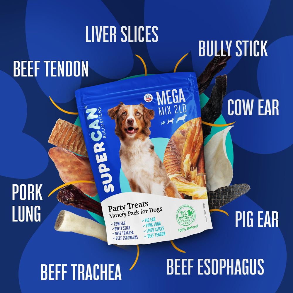 Super Can Bullysticks Mega Mix variety chews prompt tasty rewards and stress-free training moments.