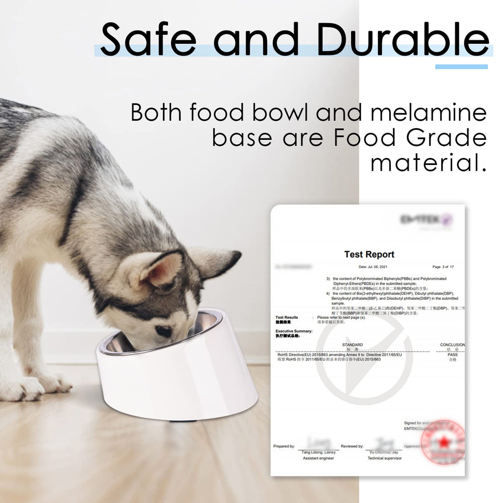 SuperDesign melamine stand with stainless bowl offers durable, easy care.