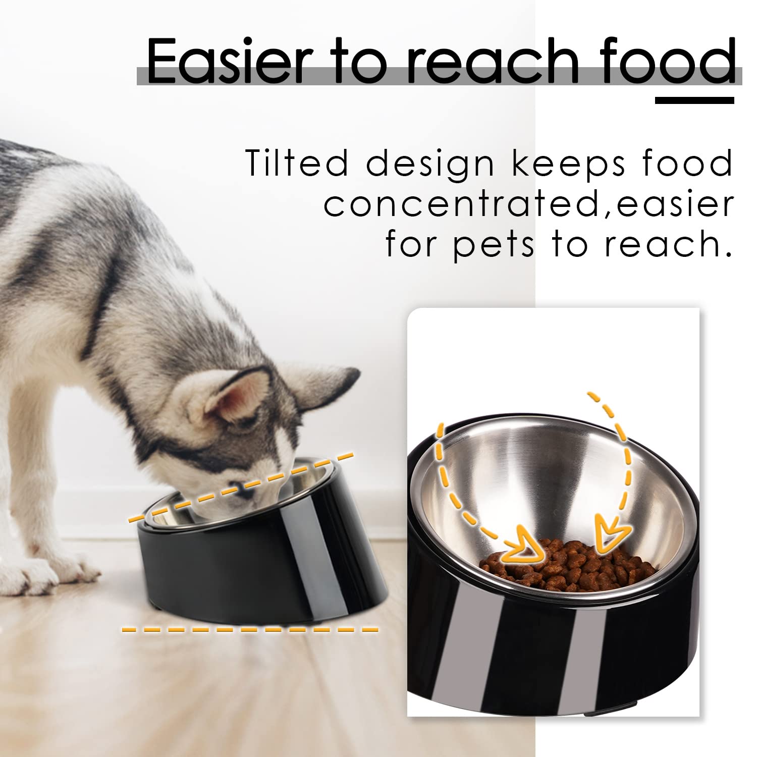 Super Design slanted bowl side angle demonstrates elevated neck-friendly design.