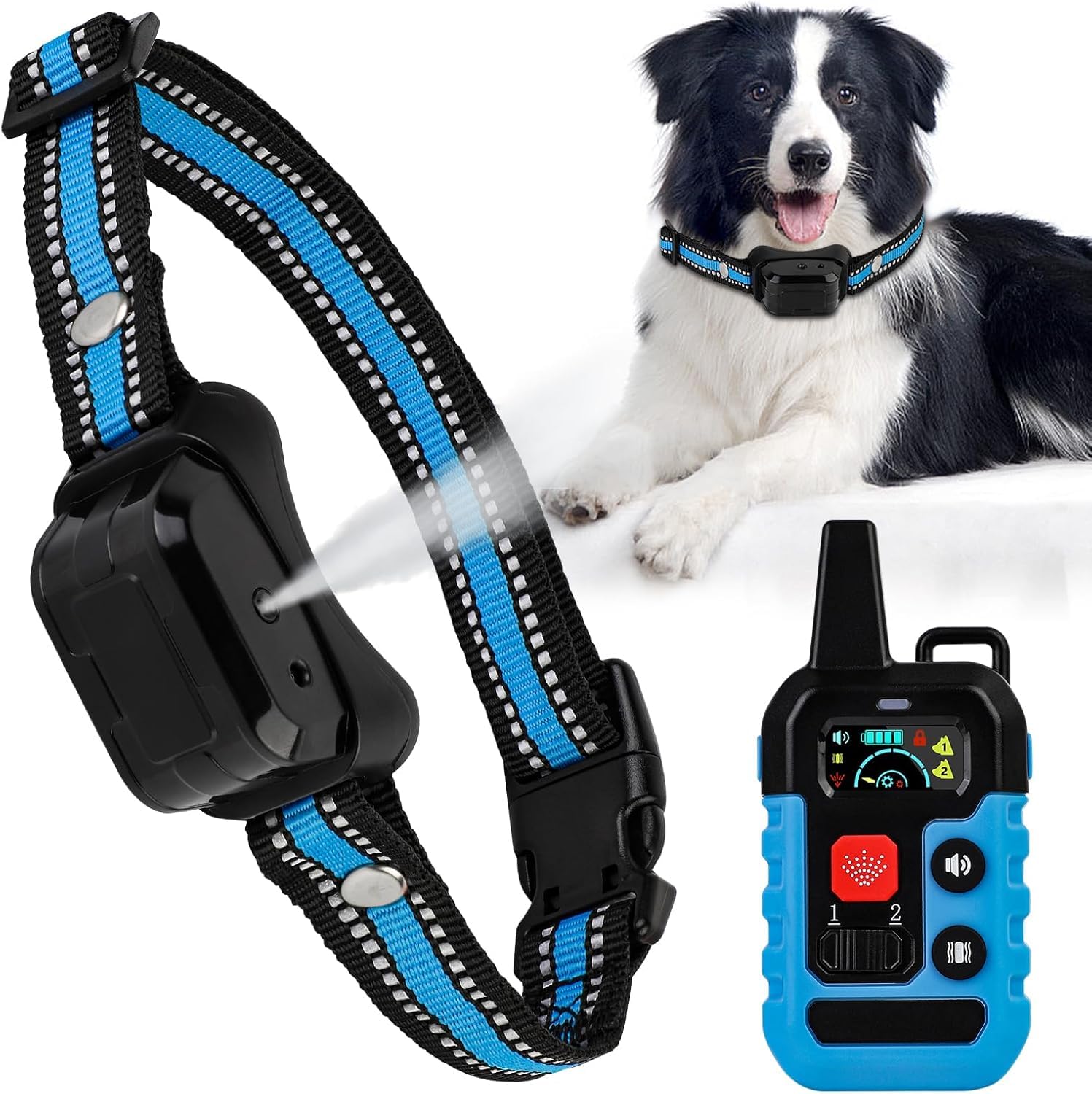 SUPERNIGHT Citronella bark collar blue front view with comfortable nylon fit for outdoor training.