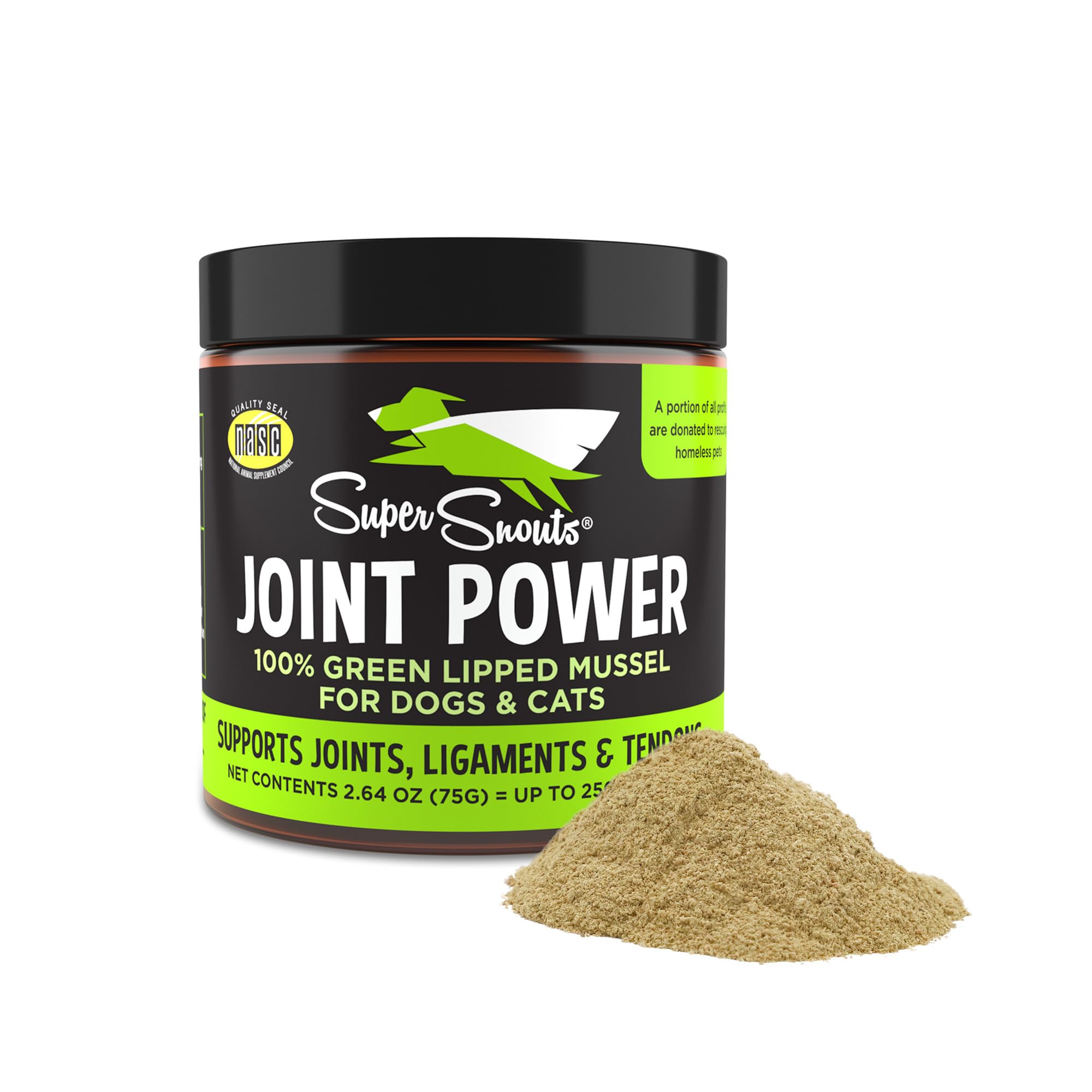 Super Snouts Joint Power bottle label shows dosage clarity for daily use.