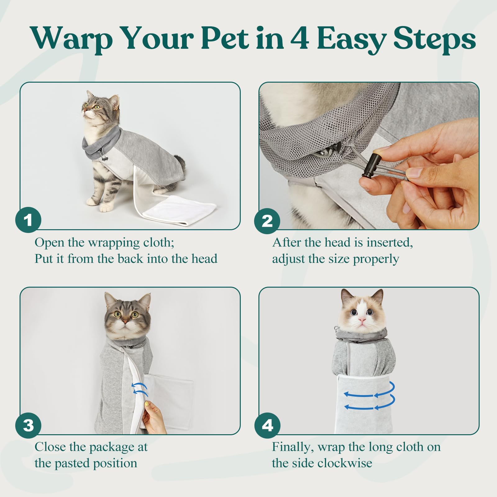 Supet cat grooming wrap non-stick fabric resists hair buildup and cleans easily.
