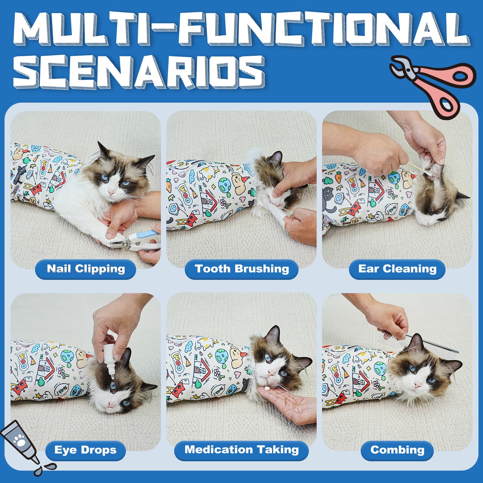 Supet wrap secure fit hugs your cat's body during grooming