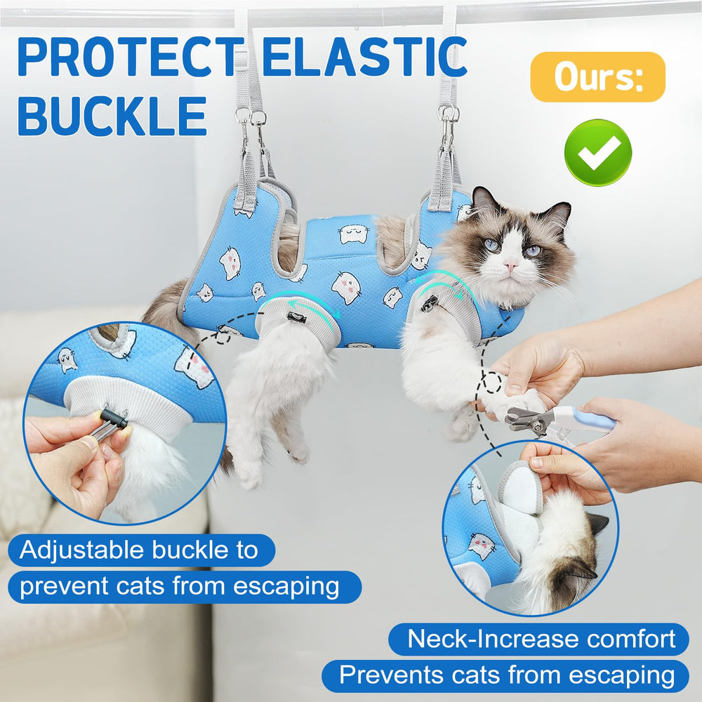 Supet Cat Hammock Harness adjustable strap in-use demonstrates secure leg restraint.