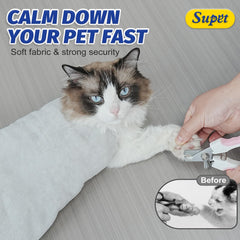 Supet cat wrap self-adhesive closure during quiet treatment session.