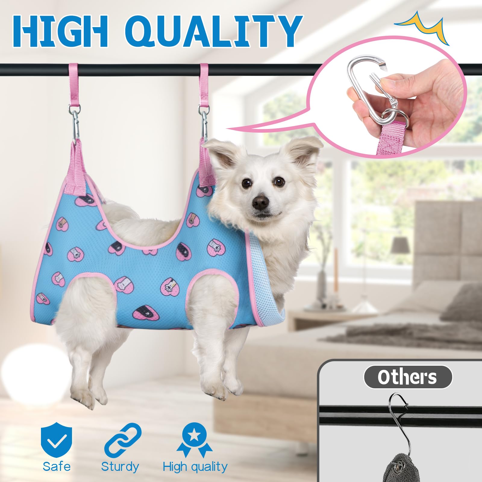 Supet dog grooming hammock carabiner safety design prevents slip during trimming.