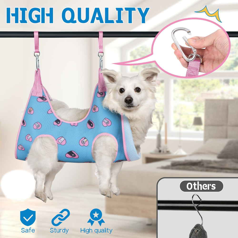Supet dog grooming hammock carabiner safety design prevents slip during trimming.
