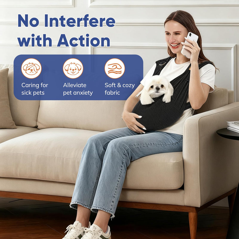 Supet dog carrier sling pet inside image demonstrating secure, close-contact wearing.