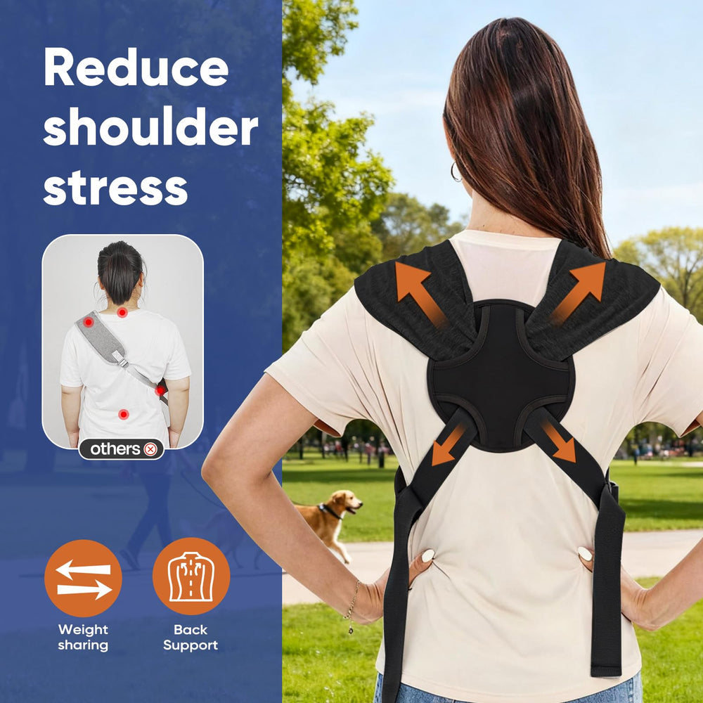 Supet dog carrier sling close-up of adjustable shoulder straps for balanced support.