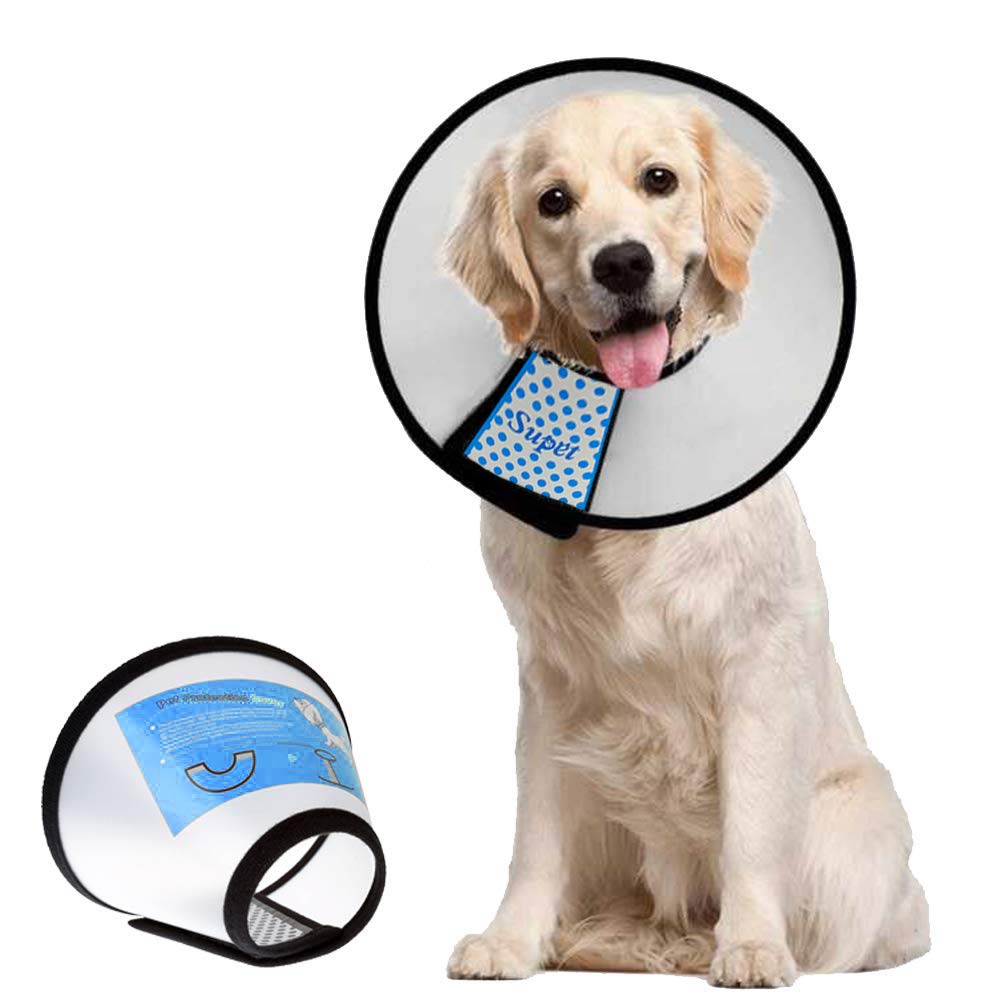 Supet dog cone collar adjustable front view, showcasing secure fit for pets during recovery.