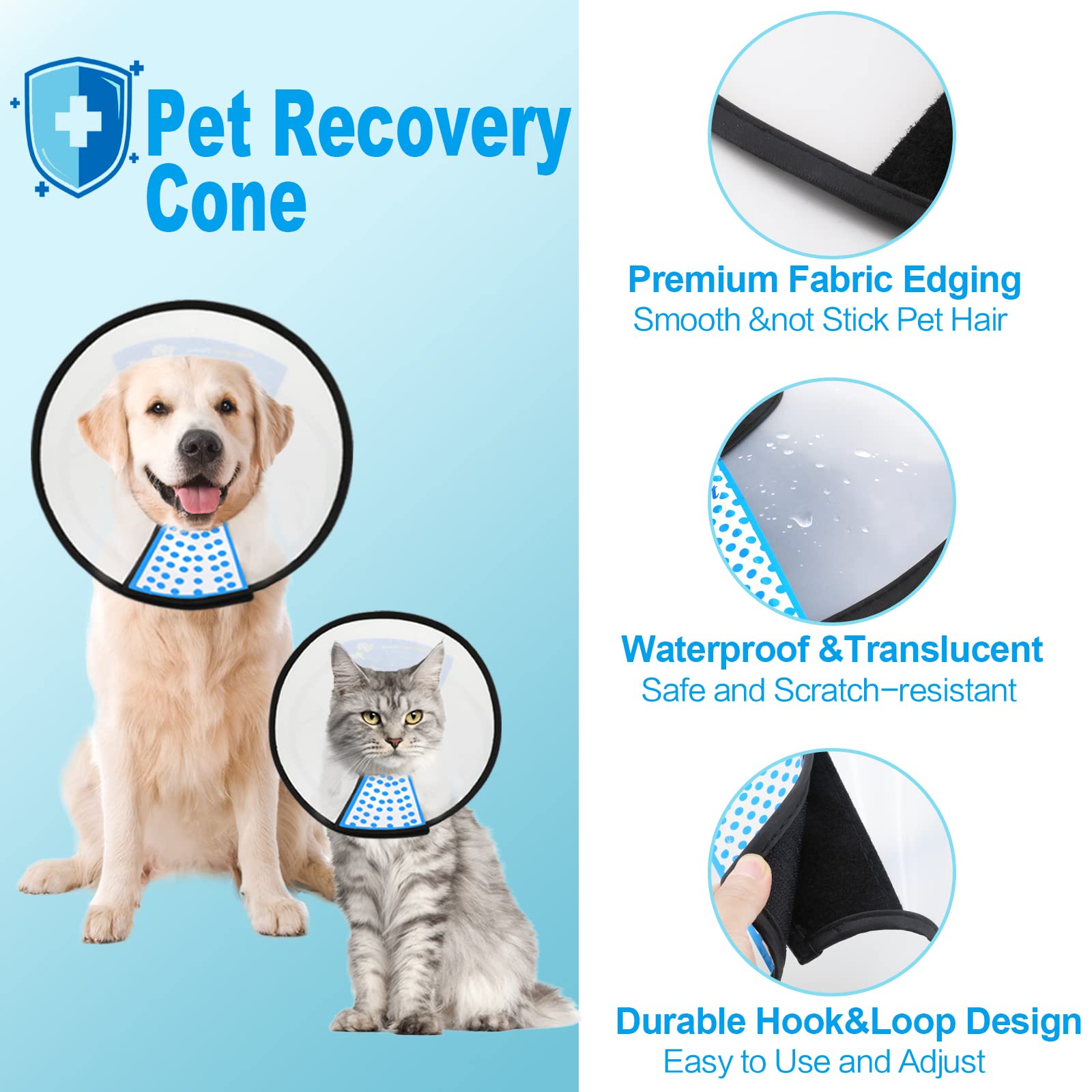 Supet dog cone collar hook-loop strap demonstrates easy tightening and secure attachment.