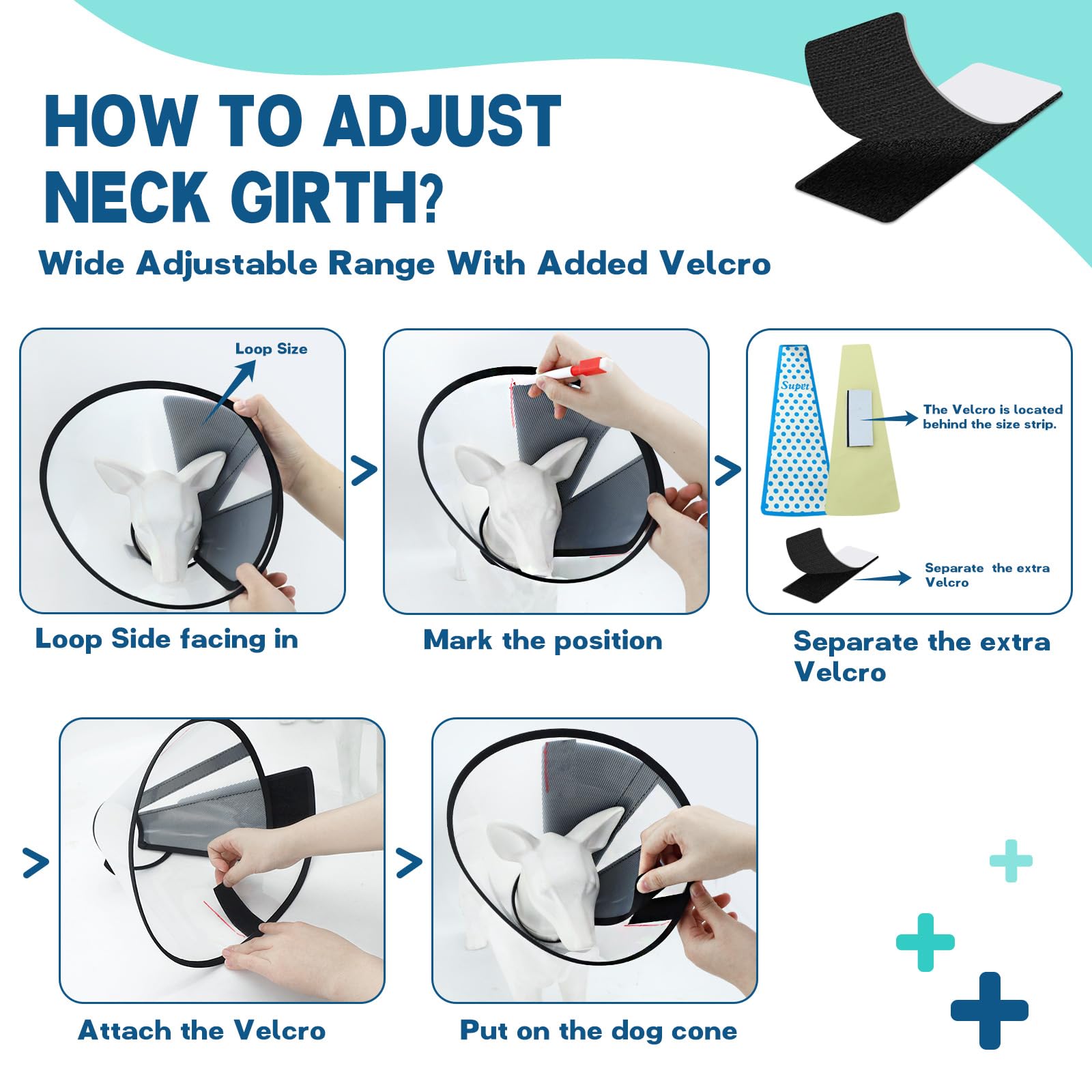 Supet dog cone collar PVC material highlights lightweight, durable, washable design.