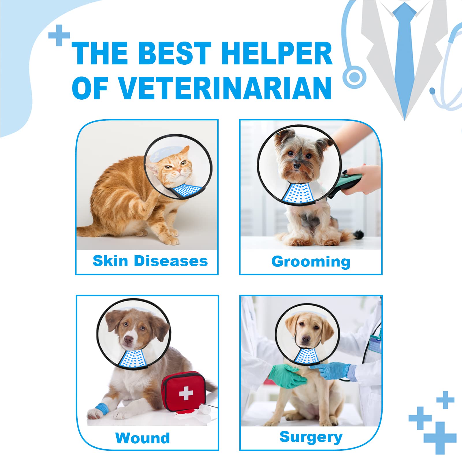 Supet dog cone collar soft-edge rim, for gentle comfort around neck areas.