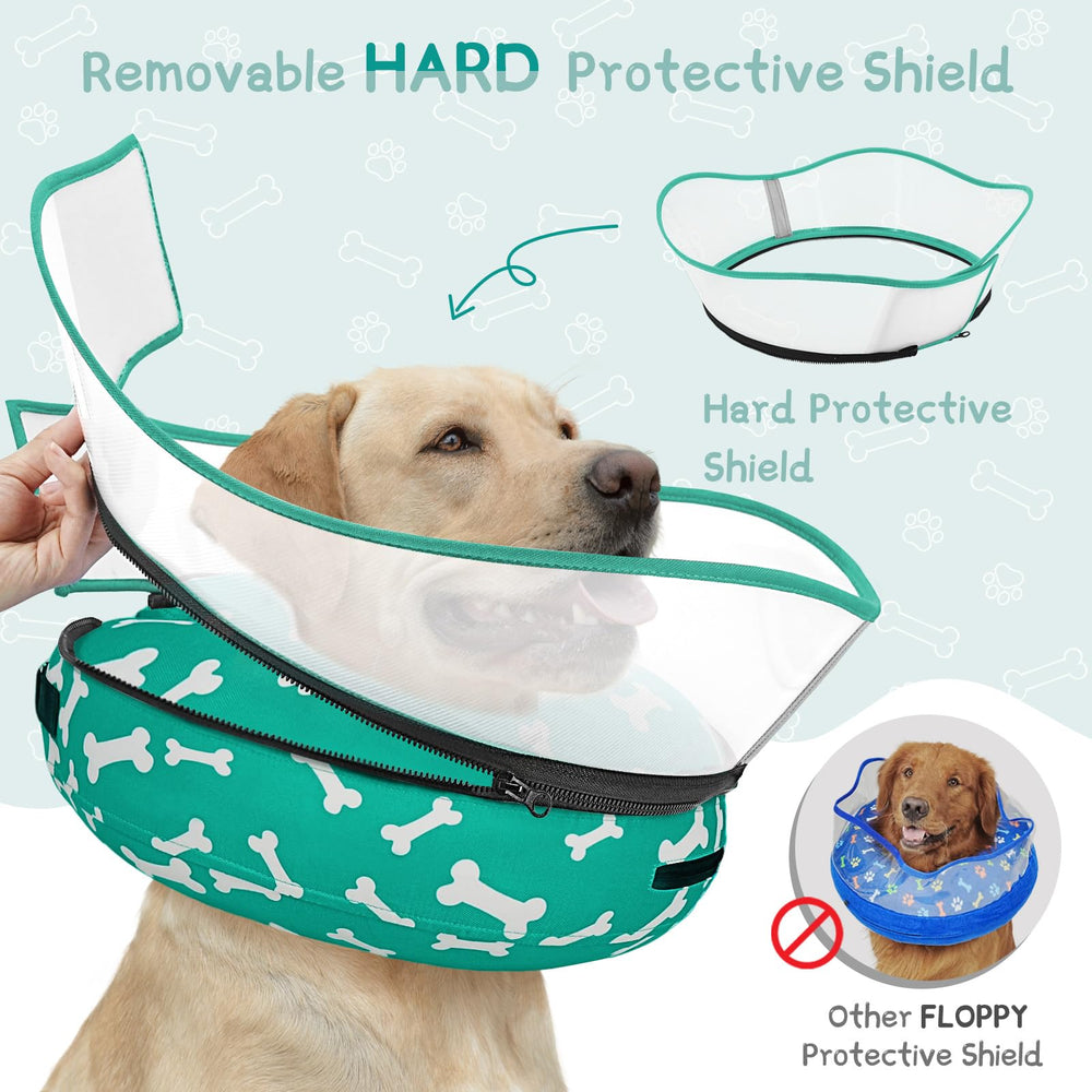 Supet dog cone worn for soft, restful recovery and comfort.