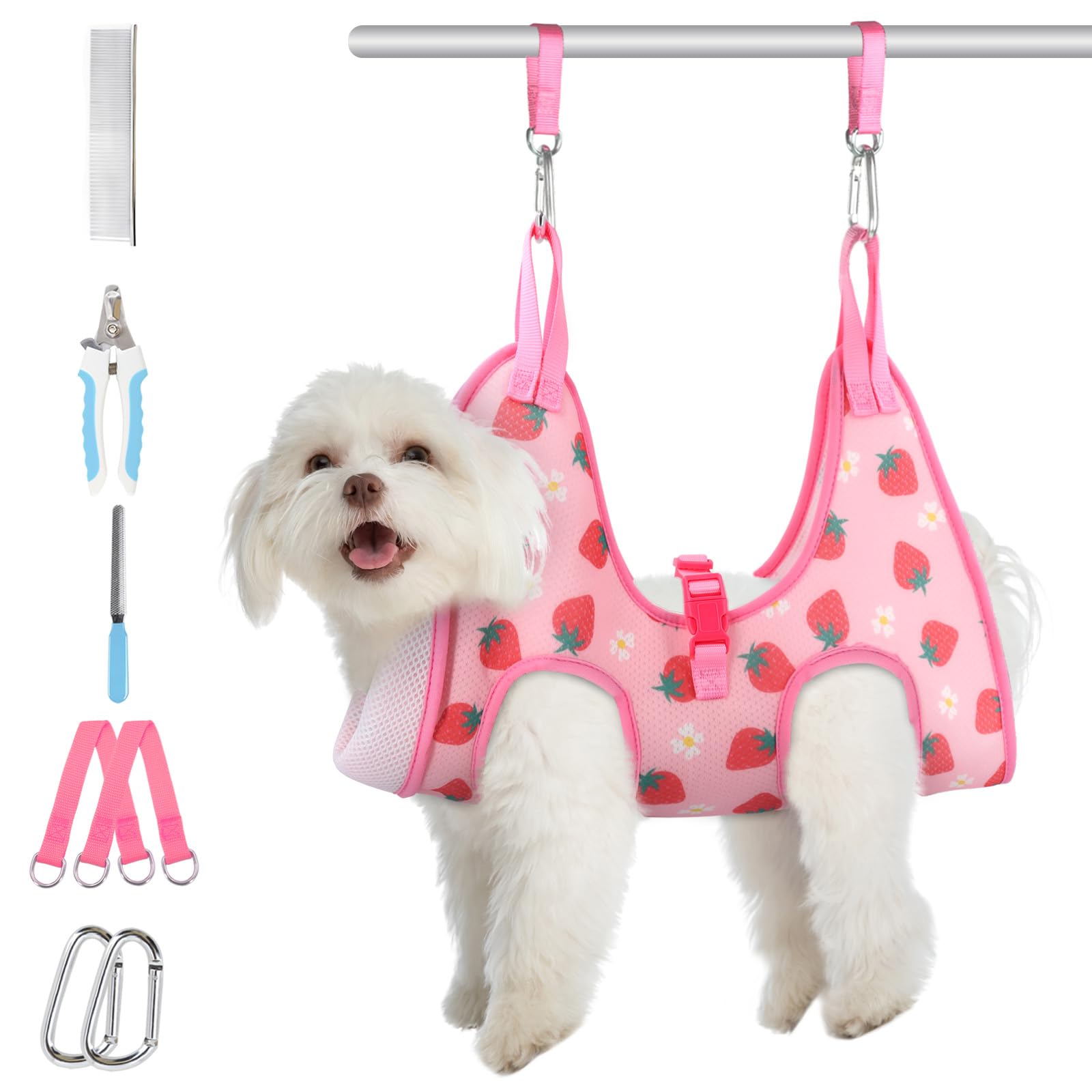Supet dog grooming hammock closeup of secure buckle ensures safe nail trims