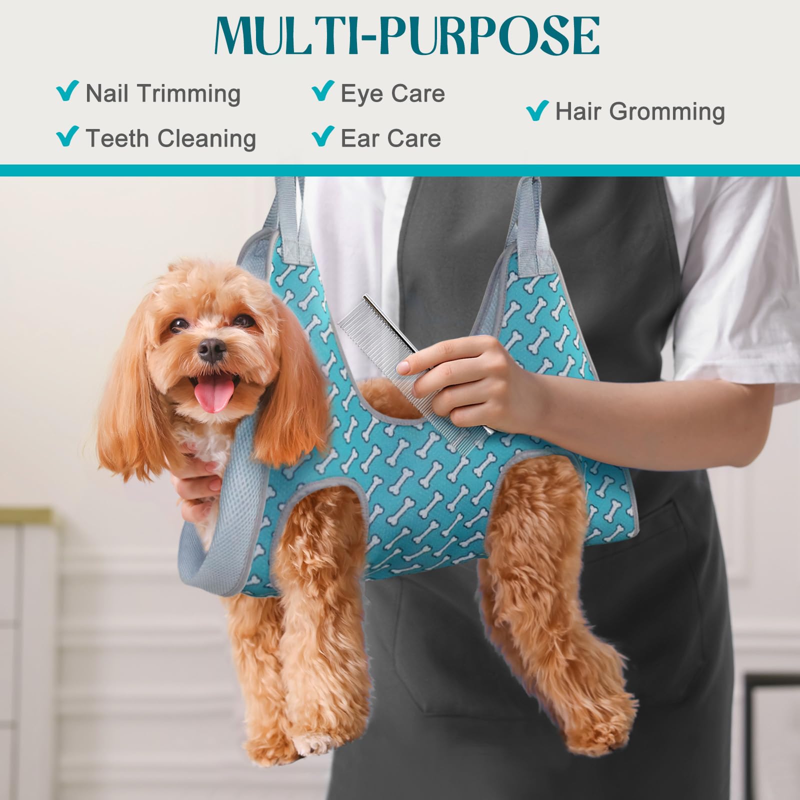 Supet grooming hammock coral blue with dog in-hammock setup supports calm nail trimming sessions
