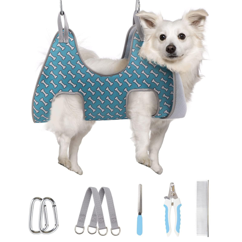 Supet dog grooming hammock coral blue on a pole for easy at-home nail trimming