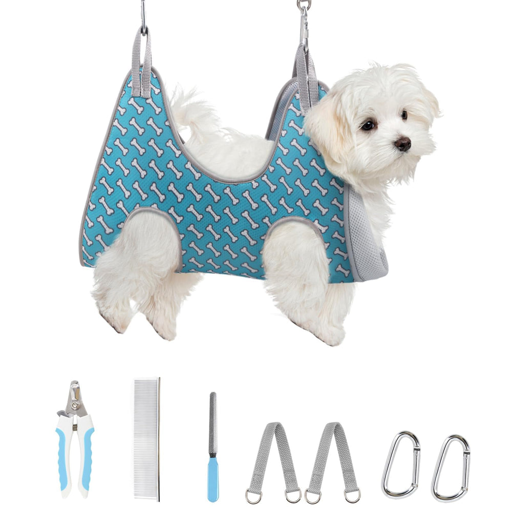 Supet dog grooming hammock coral blue close-up highlights comfortable restraint for nail trimming