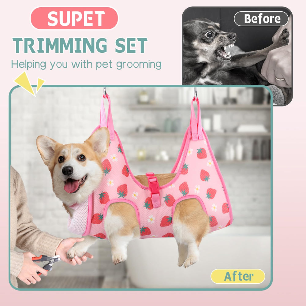 Supet dog grooming hammock doorframe setup demonstrates sturdy support during grooming