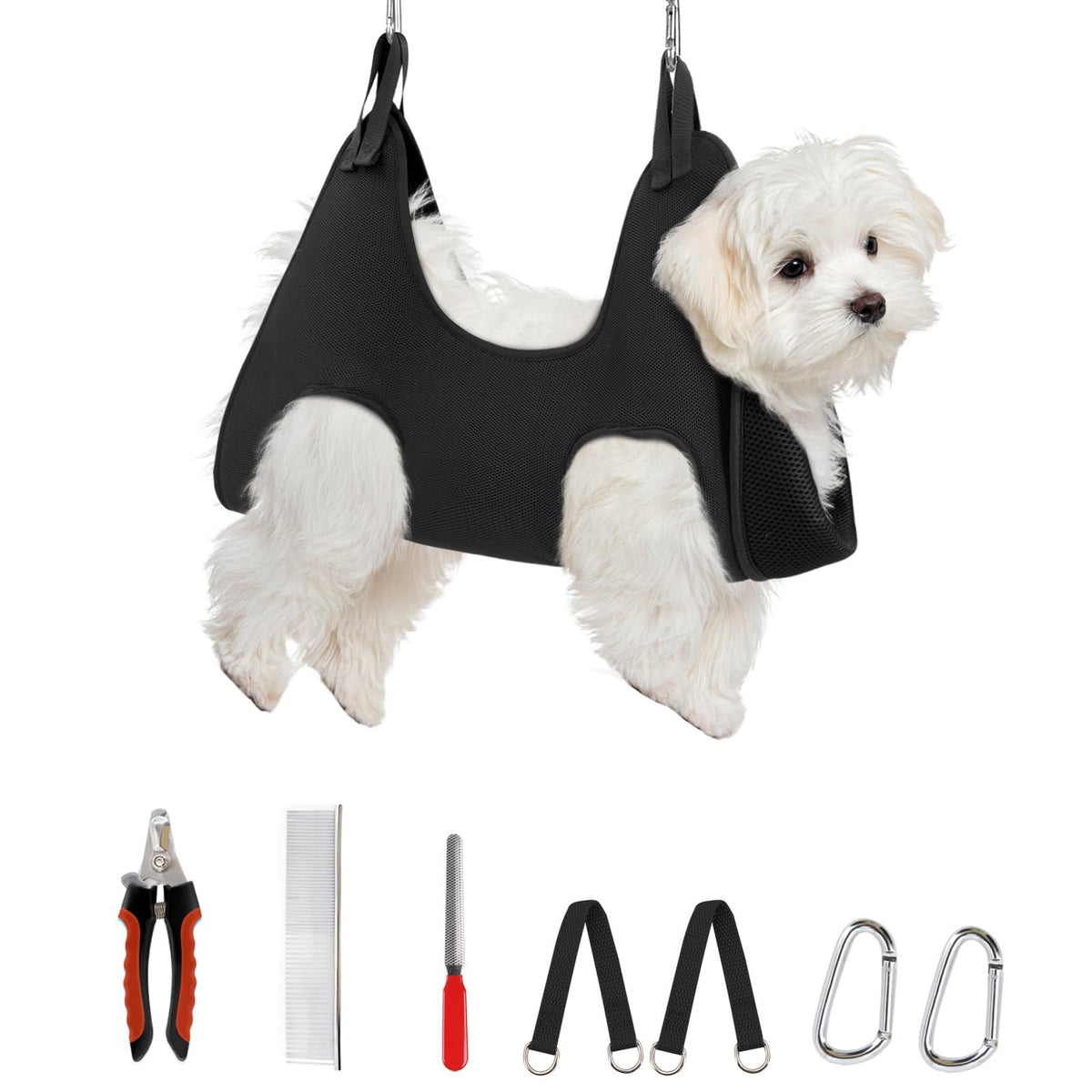 Supet grooming hammock closeup showing breathable mesh fabric for comfort during nail trim.