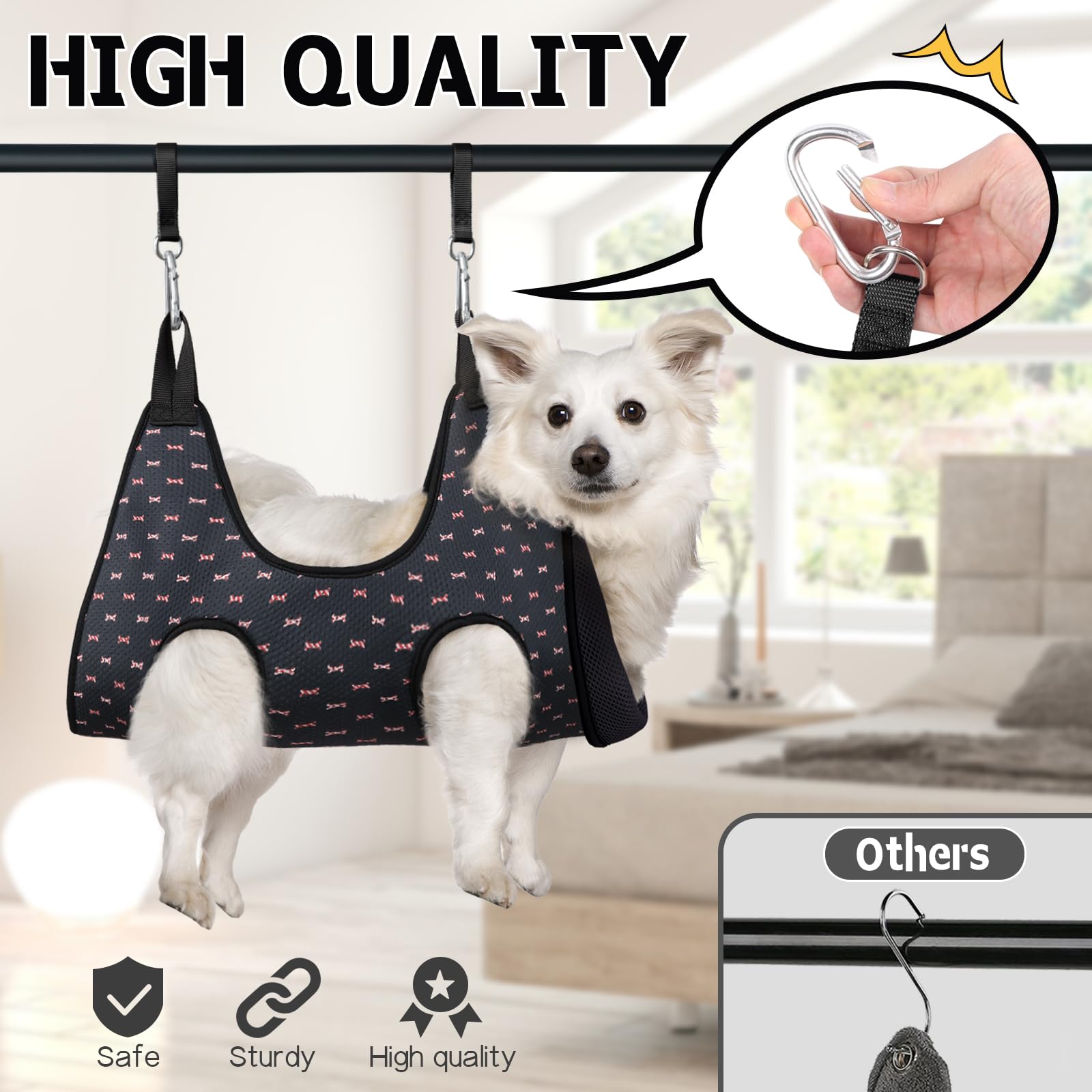 Supet double-layer fabric hammock provides secure restraint during grooming.