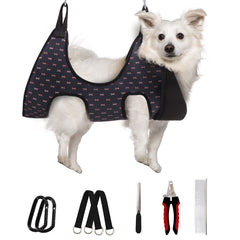 Supet grooming hammock harness provides comfortable restraint for nail trimming.