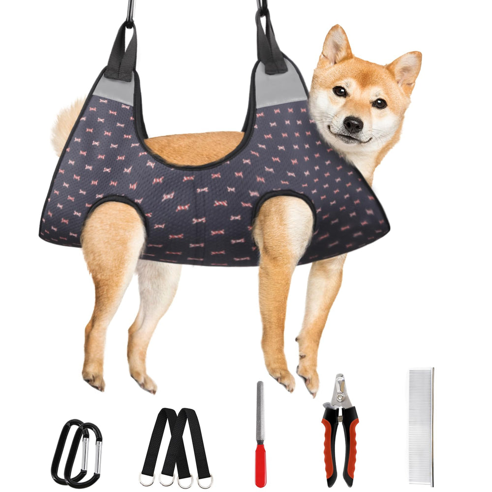 Supet dog grooming hammock harness ready for nail trim, secure and comfortable.