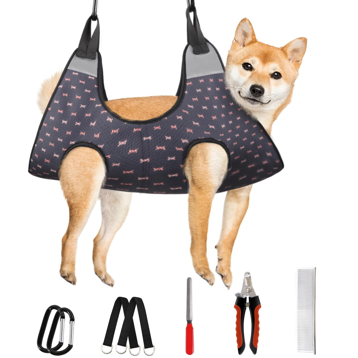 Supet dog grooming hammock harness ready for nail trim, secure and comfortable.