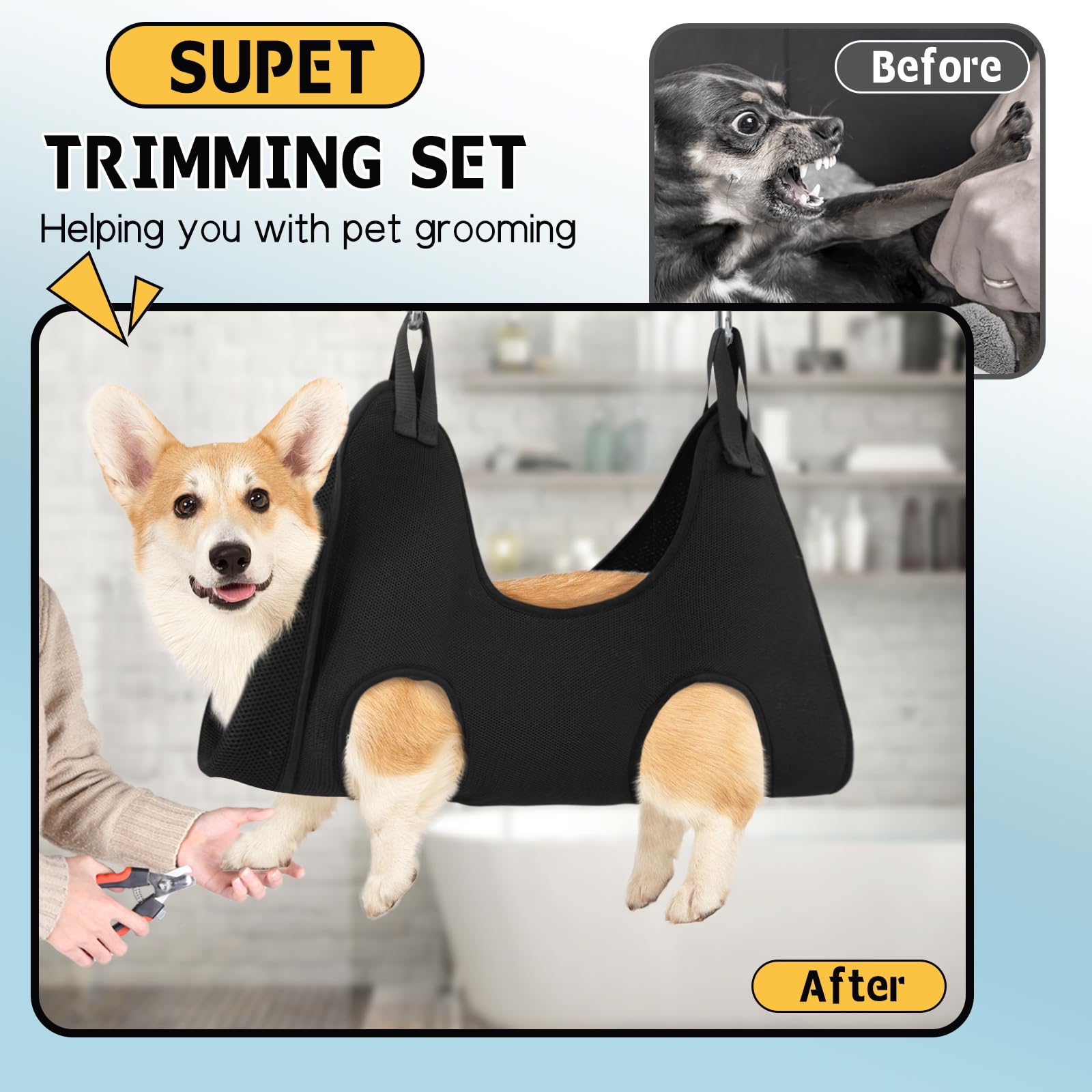 Supet dog grooming hammock side view with secure strap design