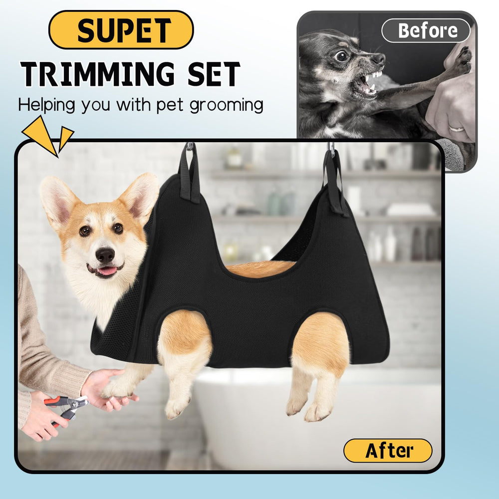 Supet dog grooming hammock side view with secure strap design